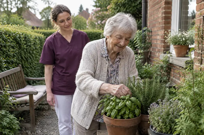 Ältere Dame pflegt selbstständig Kräuter in ihrem Garten, eine Pflegekraft steht ihr zur Seite