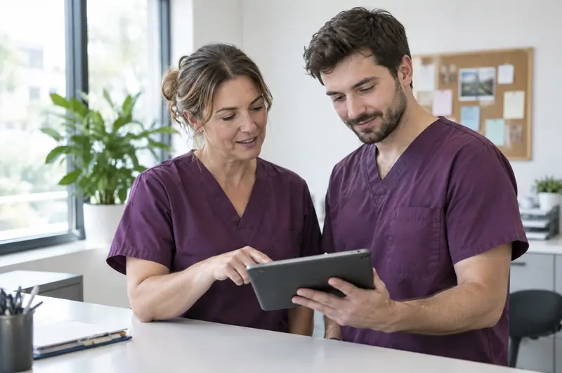Zwei Pflegefachkräfte planen gemeinsam am Tablet die Touren