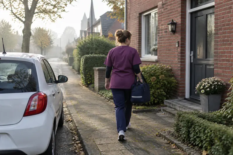 Pflegekraft mit Pflegetasche auf dem Weg vom Auto zu einem Hausbesuch